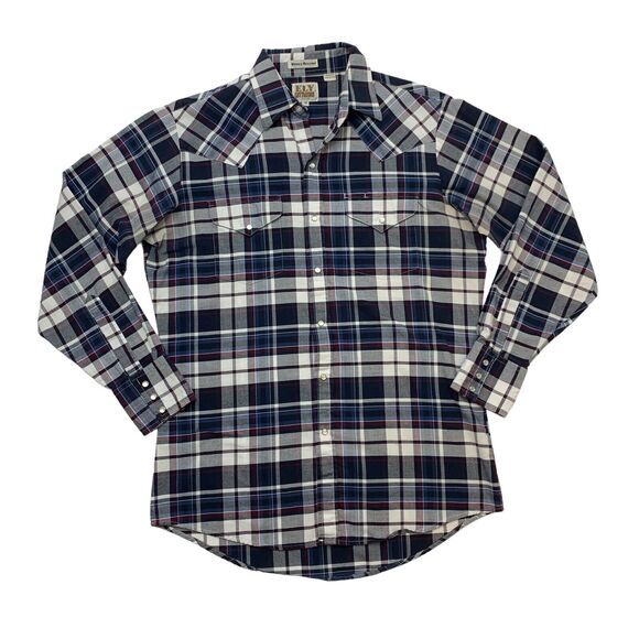 Ely Cattleman Western Shirt Men M Medium Navy Blue Plaid Long Sleeve Snap Button - Picture 1 of 16